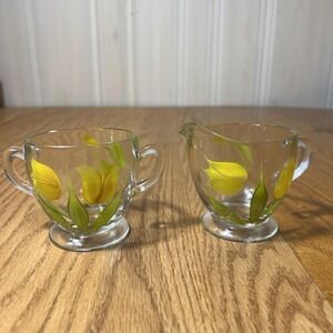 Vintage Bartlett Collins Floral Creamer & Sugar Bowl Glass Set Yellow 1950s